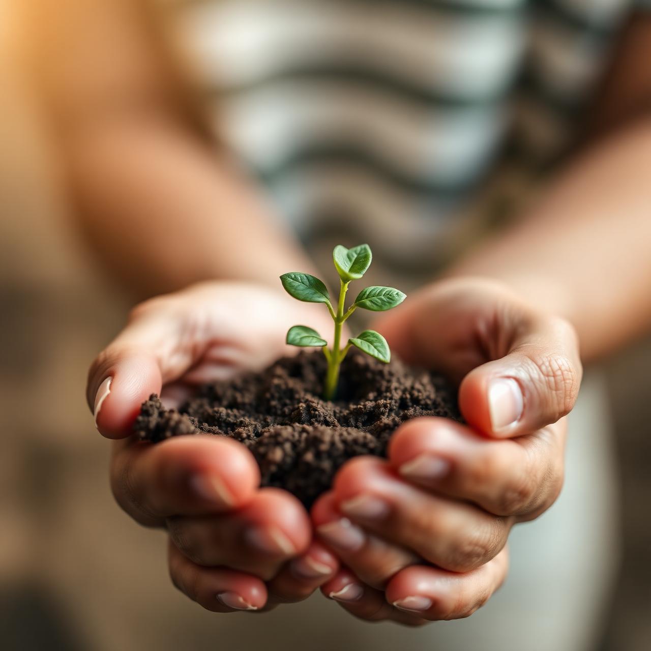 Hands cradling soil with a small sprout — a symbol of growth