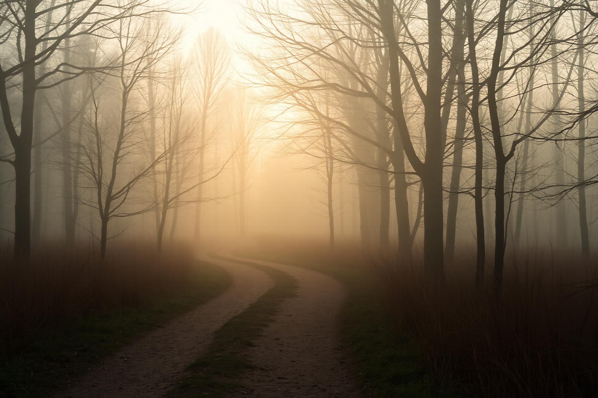A misty path winding through a forest toward warm morning light